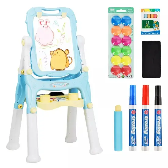 Kids Gift Double Sided Art Creative Easel Adjustable Height w/Accessories Blue {2}