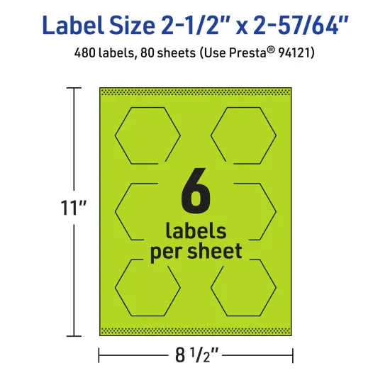 Avery Bright Green Paper Labels, 2-1/2" x 2-57/64" Hexagon {5}