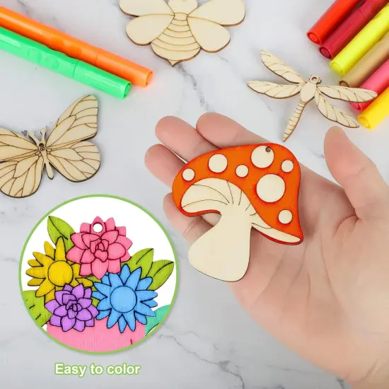 80PCS Wooden Spring Ornaments to Paint, 8 Styles DIY Blank Unfinished Wood Cutouts Ornament for Home Crafts Hanging Decorations, Insect Dragonfly Butterfly Snail Watering Can Mushroom Flower Shape {6}