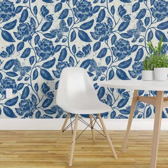 Peel & Stick Wallpaper 2FT Wide Blue Block Print Butterflies Flowers Traditional Botanical Toile Peonies Cottagecore Custom Removable Wallpaper by Spoonflower {1}