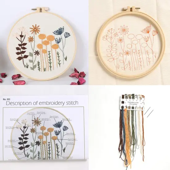3 Sets of Beginner Embroidery Kits with 3 Patterns and 6 Needles, Needlepoint Kits for Adults,Including Embroidery Floss,3 Plastic Hoops and 3 Cotton Fabric {5}