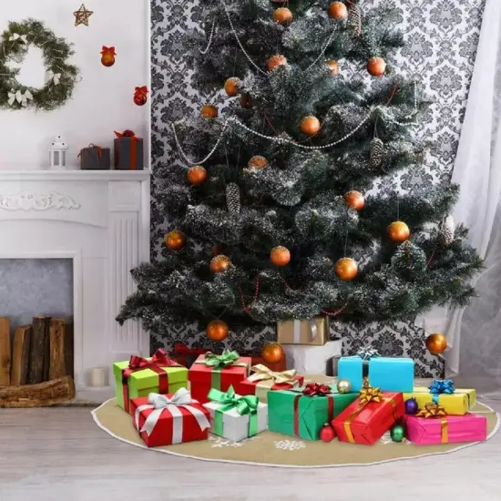 48"Christmas Tree Skirt, Natural Burlap with Brown Color for Displaying Presents {4}