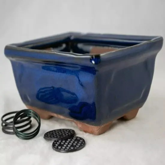 Rectangular Glazed Succulent, Bonsai Pot + Mesh + Wire 6"x 4.5"x 2.25" - Blue {3}