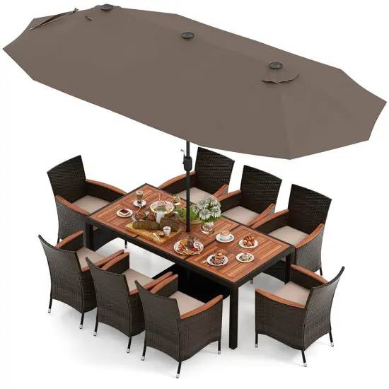 Costway 11 PCS Patio Dining Set with 15ft Double-Sided Patio Umbrella (Base Included) Beige/Coffee/Navy/Orange/Wine/Grey {8}