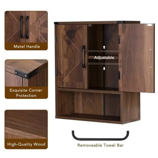 Modern Wooden Bathroom Wall Storage Cabinet with Doors and Towel Rack, Adjustable Shelves Brown {4}