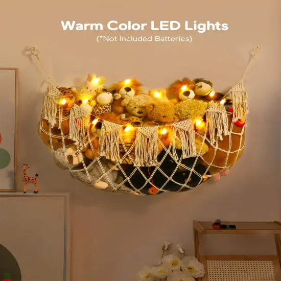 Stuffed Animal Storage Hammock with Lights- Boho Wall Hanging Plushie Net for Stuff Aanimal Organizer and Teddy Bear Storage, Small Toy Hammock for Kids Bedrooms Playroom Nursery(White Small) {1}