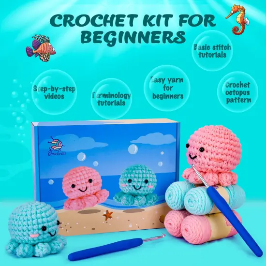Crochetta Crochet Kit for Beginners, Amigurumi Crocheting Animals Kits w Step-by-Step Video Tutorials, Knitting Starter Pack for Adults and Kids, Jumbo 2 Octopus Familly (40%+ Yarn Content) {5}
