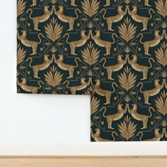 Peel & Stick Wallpaper 2FT Wide Leopard Damask Dark Green Botanical Bold Art Nouveau Magestic Cats Custom Removable Wallpaper by Spoonflower {2}