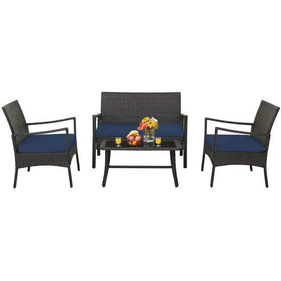 Costway 4PCS Patio Rattan Wicker Furniture Set Cushioned Sofa Armrest Coffee Table Navy {1}