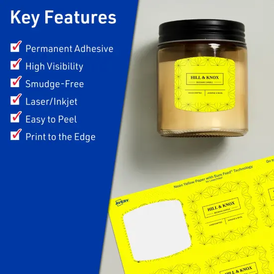 Avery Neon Yellow Paper Labels, 2" x 2-3/16" Arched Square {2}