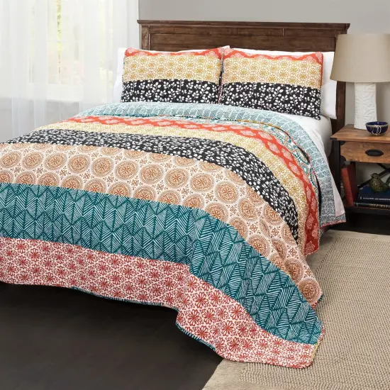 Cotton 3 Piece Reversible Teal Orange Bohemian Stripe Quilt Set {4}
