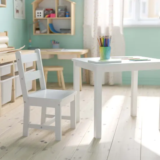 Emma and Oliver Kids 3 Piece Solid Hardwood Table and Chair Set for Playroom, Kitchen White {3}