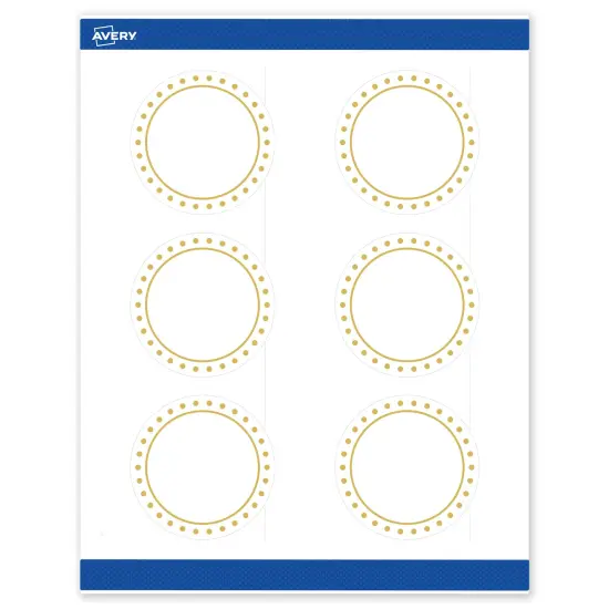 Avery Printable Round Labels, Gold Border with Gold Dots, 3" Diameter, Matte White Round Labels, Permanent, Laser/Inkjet, 60ct, Great for Product Labels {1}