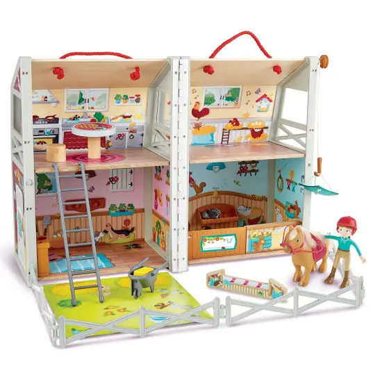 Hape: Pony Club Ranch - Wooden 2 Level Barn Dollhouse, White & Red, Horse & Rider Figures, Open & Reveal, Rope Handle, 13.8"x11.4"x9.4", Kids Ages 3+ {3}