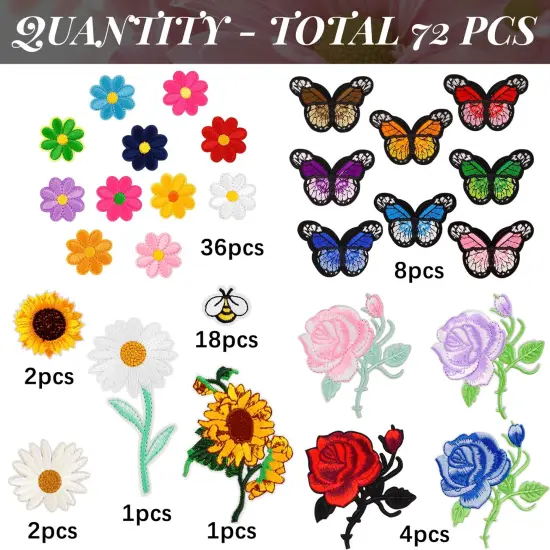 72 Pcs Embroidered Iron On Patches for Clothing, Butterfly Flower Iron On Patches Set, Bee Rose Daisy Embroidered Patches, Applique Patches for Clothes, Jackets, Jeans, Backpacks {6}