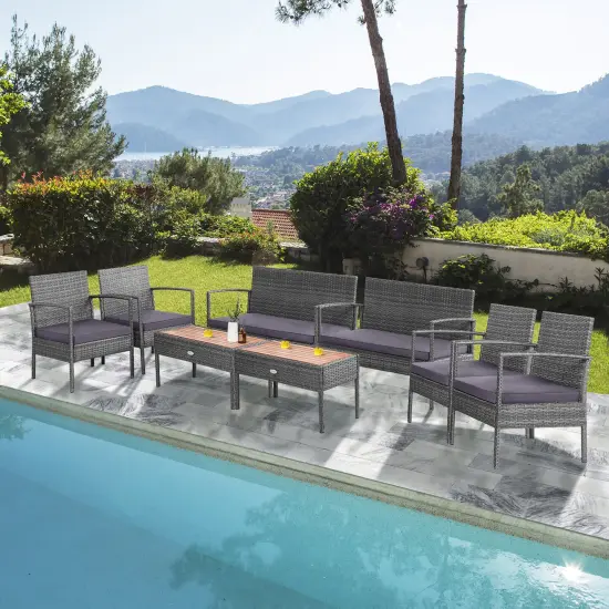 Costway 8PCS Patio Rattan Furniture Set Cushioned Chair Wooden Tabletop Gray {1}