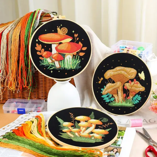 5 Sets Mushroom Embroidery Kit for Beginners with Pattern and Instructions Include Embroidery Cloth Hoops Threads for Craft Lover Hand Stitch DIY Adult Hand Needlepoint {2}