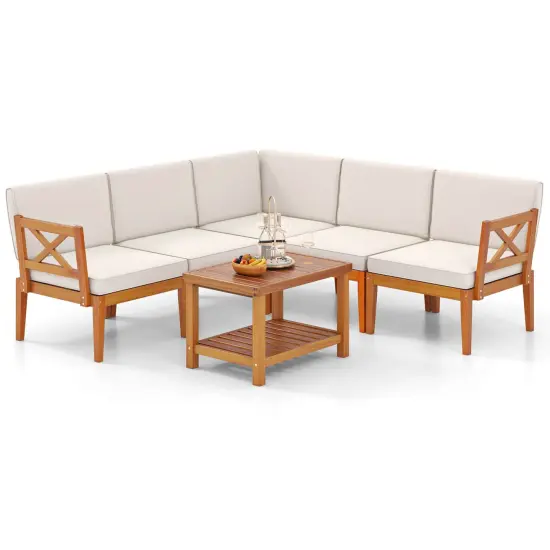 Costway 6 PCS Acacia Wood Patio Furniture Set with Cushions and 2-Tier Coffee Table {2}
