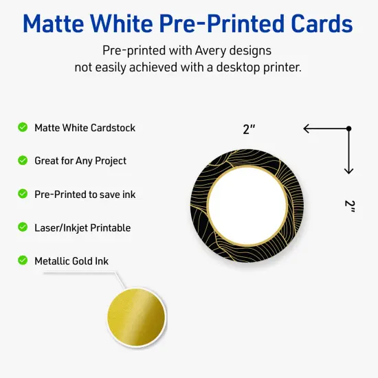 Avery Printable Round Business Cards with Sure Feed Technology, Pre-Printed Black Border with Gold Pattern, Matte White, 2" Diameter, Laser & Inkjet Compatible, 120 Total {2}