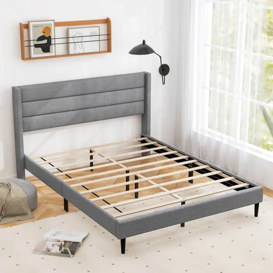 Costway Queen/Twin Bed Frame with Wingback Headboard Linen Upholstered Platform Bed Grey {6}