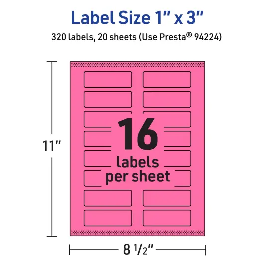 Avery Bright Pink Paper Labels, 1" x 3" Rectangle {5}