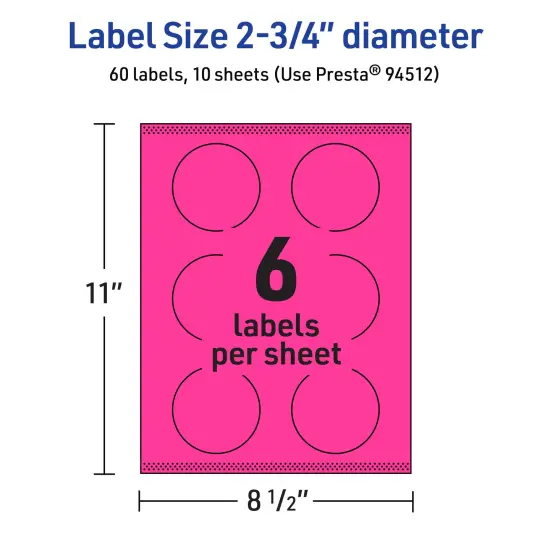 Avery Neon Magenta Paper Labels, 2.75" Diameter Round {5}