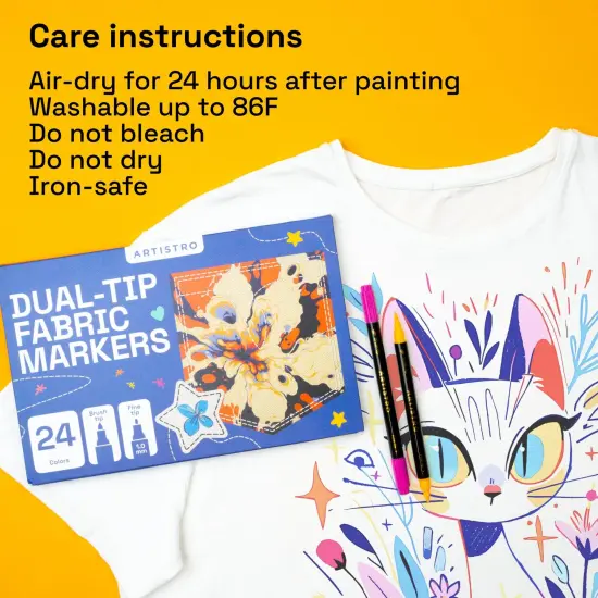 ARTISTRO 24 Fabric Markers - Dual-Tip Fabric Markers Permanent for Clothes - No Bleed Fabric Pens for T-Shirts, Bags, Textile, Canvas, and more (Brush Tip and Fine Tip) {6}