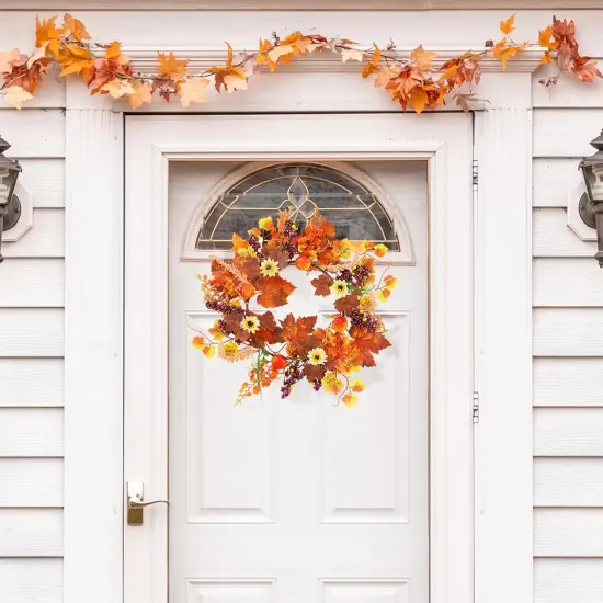 Autumn Maple Leaf Wreath with Pumpkin Berries - Orange {2}