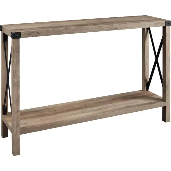 Modern Wood Finish Entryway Console Table with Lower Shelf and Metal Accents for Shoes or Decor White Oak {7}