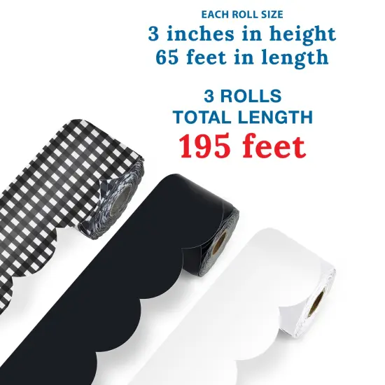 Carson Dellosa 195Ft Black and White Bulletin Board Borders, 3Pack Scalloped Buffalo Paid, White, Black Bulletin Board Border for Bulletin Board, Gingham, Black and White D&eacute;cor, Classroom D&eacute;cor {2}
