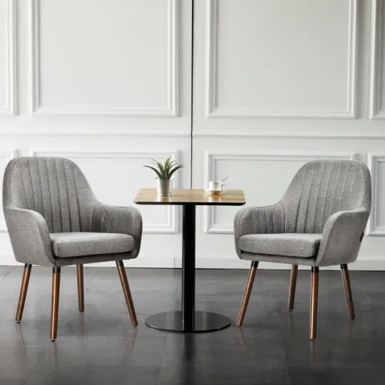 Set of 2 Retro Linen Accent Chairs with Rubber Wood Frame and Ergonomic Curved Backrest Grey {4}