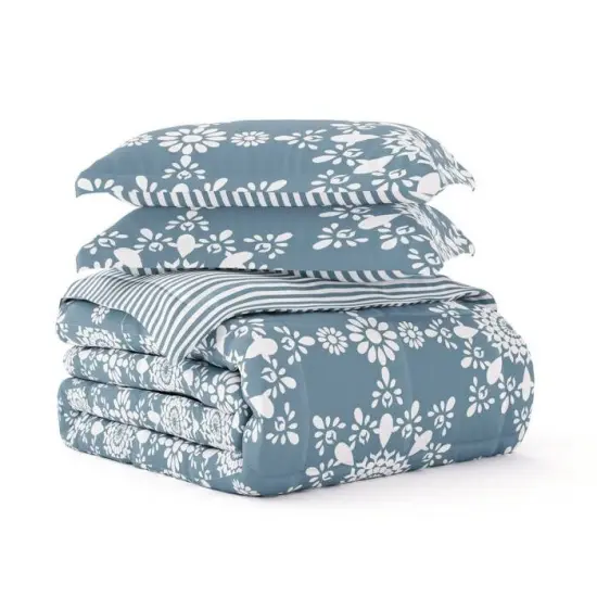Reversible Daisy Medallion Striped Comforter Set Down Filled Microfiber with Pillow Shams {8}