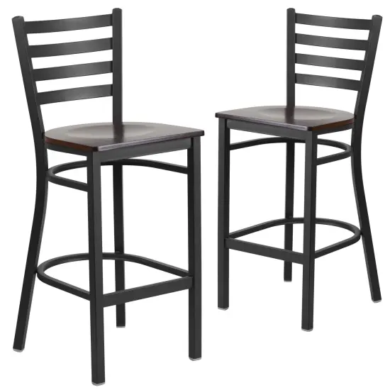 Emma and Oliver 2 Pack Ladder Back Metal Restaurant Barstool WalnutWood/Black {2}