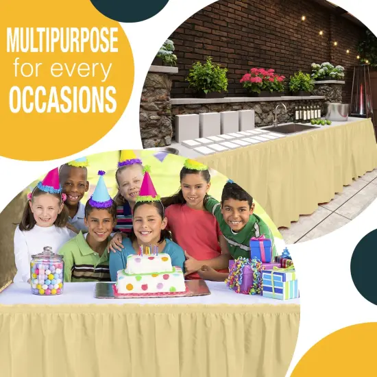 Ruffle Disposable Table Skirt 14 Ft Long Pleated Table Skirts with Adhesive Strip &ndash; Fits 6ft+ Rectangle or Round Tables &ndash; Ideal for Birthday Parties, Gender Reveal, Baby Showers & Event Decorations 6 pack by Exquisite Light Yellow {5}