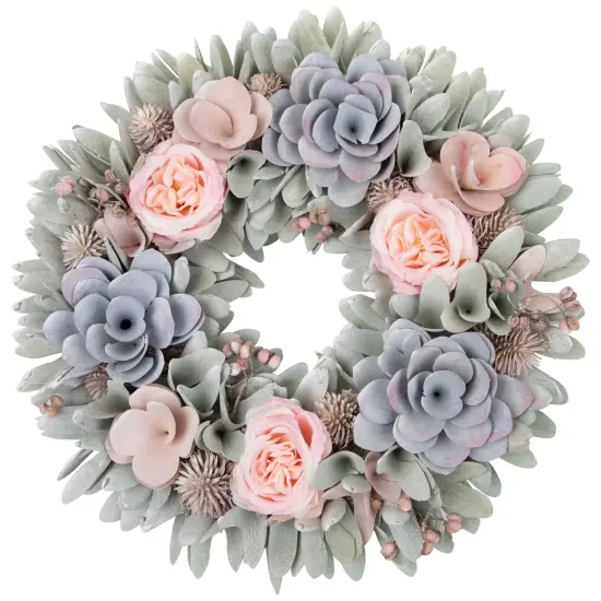 Northlight Roses and Thistle Wooden Artificial Floral Spring Wreath - 14" Blue {3}
