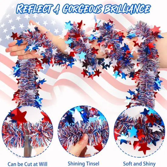 Independence Day Metallic Tinsel Twist Garland Patriotic Garland Decorations 4th of July Red White Blue Hanging Supplies for Memorial Day Party Indoor Outdoor Holiday Decor, 3 Pcs 19.7 Feet {4}