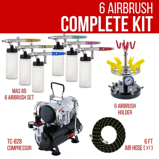6 HI-FLOW All-Purpose Precision Dual-Action Siphon Feed Airbrushes with Twin Cylinder Piston Airbrush Compressor with Air Storage Tank {2}