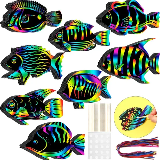 80 Pieces Tropical Fish Scratch Card for Kids Rainbow Ocean Fish Paper Crafts Sea Animal Ornament Under The Sea Party Favors with Wooden Stick and Ribbon for Summer {1}