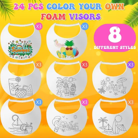 24 Sets End of Year Student Gifts, Color Your Own Foam Visors with Pens DIY Coil Visors Summer DIY Crafts for Kids Children {2}