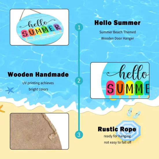 Hello Summer Door Sign Ice Lolly Summer Door Hanger Wooden Front Door Decor Beach Hanging for Farmhouse Home Porch Garden Yard Decor, 12 Inch {2}