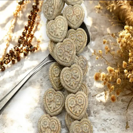 *6* 17mm Opaque Oyster Travertine Floral Heart Beads {4}