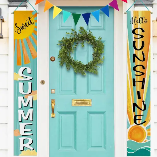 Sweet Summer Boho Sun Porch Banner Sign, Hello Sunshine Sunrise Cloud Bohemian Front Door Decorative Hanging Banner Flag, Yellow Teal Seasonal Decoration Home Outdoor Decor {1}