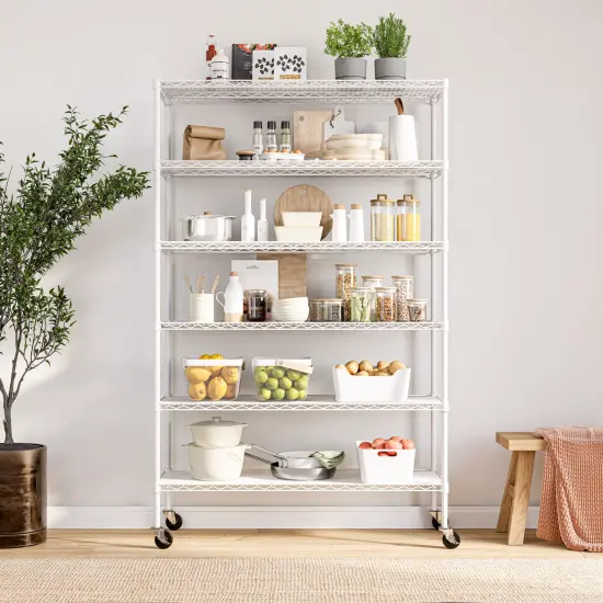 Seville Classics UltraDurable 6-Tier NSF Steel Shelving with Shelf Liners, 48" W x 18" D x 75.5" H White {4}