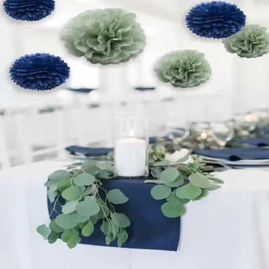 Navy Blue Sage Green Living Room Wall Decor - Hanging Tissue Pom Poms Paper Flowers Backdrop Boho Boy Baby Shower Nursery Bedroom Wedding Bridal Shower Party D&eacute;cor, 9PCS {5}