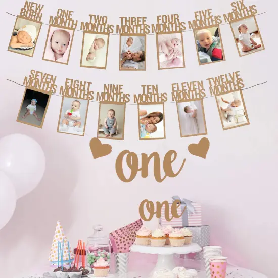 1st Birthday Baby Photo Banner for Newborn to 12 Months And Alphabet ONE Bunting, Alphabet ONE Cake Topper for Baby Show First Birthday Party Decoration {6}