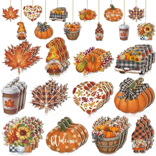 36 Pieces Fall Tree Decorations Thanksgiving Gnomes Ornaments for Tree Wooden Hanging Ornaments Pumpkins Leaves Flowers Cutouts Autumn Decorations for Holiday Party Supply(Cute Style) {2}