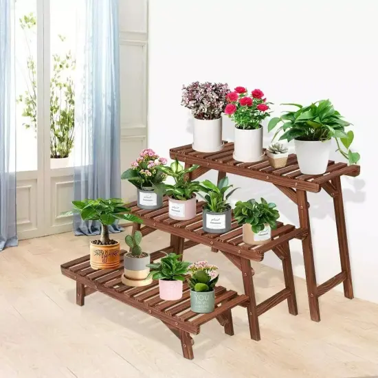 Freestanding 3 Tier Ladder Shelf Wood Plant Stand Indoor Outdoor Flower Pot Rack {1}