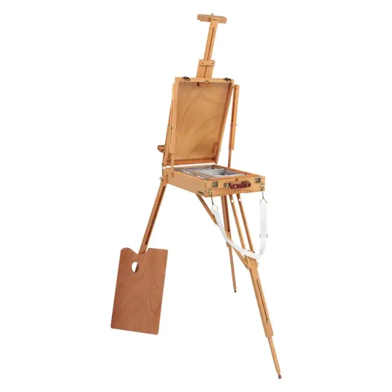 Grand Luxe French Easel - Oiled Beechwood Artist Easel with Brass Fittings, Adjustable Dividers, and Wood Palette- Plein Air Easel w/ Leather Handle and Linen Strap for Canvases up to 34" High {3}