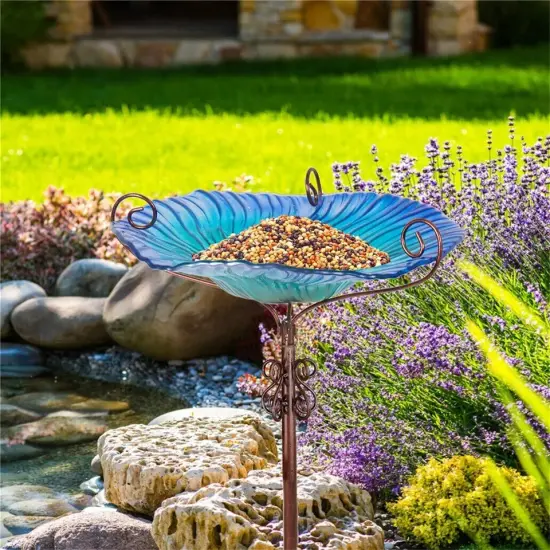 Bird Bath Outdoor Garden Glass Birdbath Fountain Freestanding Bowl Birdfeeder {2}