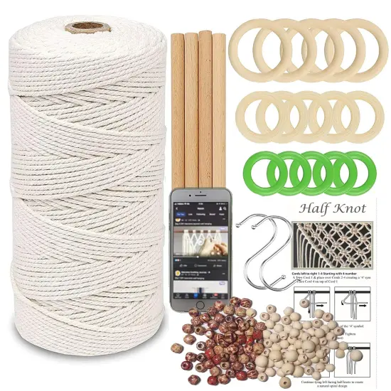 120 Pieces Macrame Kit, All in Macrame Supplies 3mm Macrame Cord,DIY Macrame Kit for Adults Beginners, Macrame beads with Wooden Rings and Wooden Sticks for Macrame Plant Hanger Kit {2}